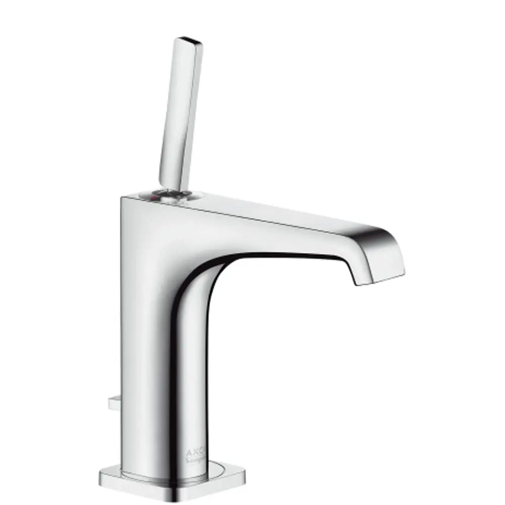 Einhebel-Waschtischmischer aus Chrom von AXOR mit einem schmalen Auslauf und einem vertikalen Hebel zur Regulierung von Wasserfluss und Temperatur.